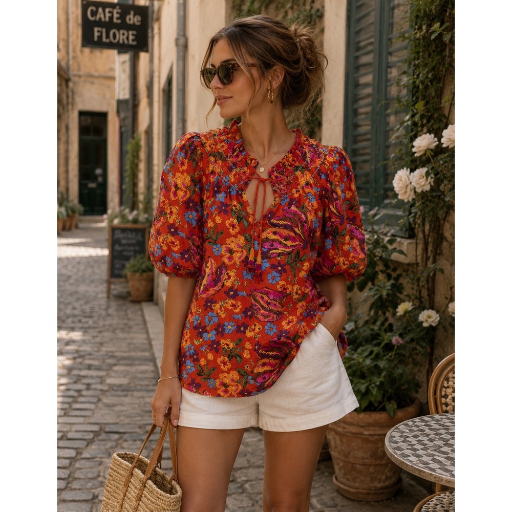 Rachel Roy Orange Floral Beaded Tassel‎ Peasant Blouse Boho Puff Sleeve Medium
